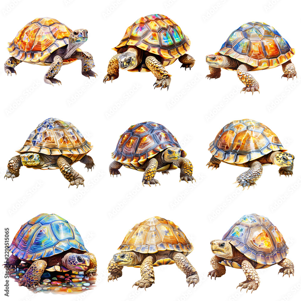 Fototapeta premium Collage showcases nine sulcata tortoises with unique shells against a black background