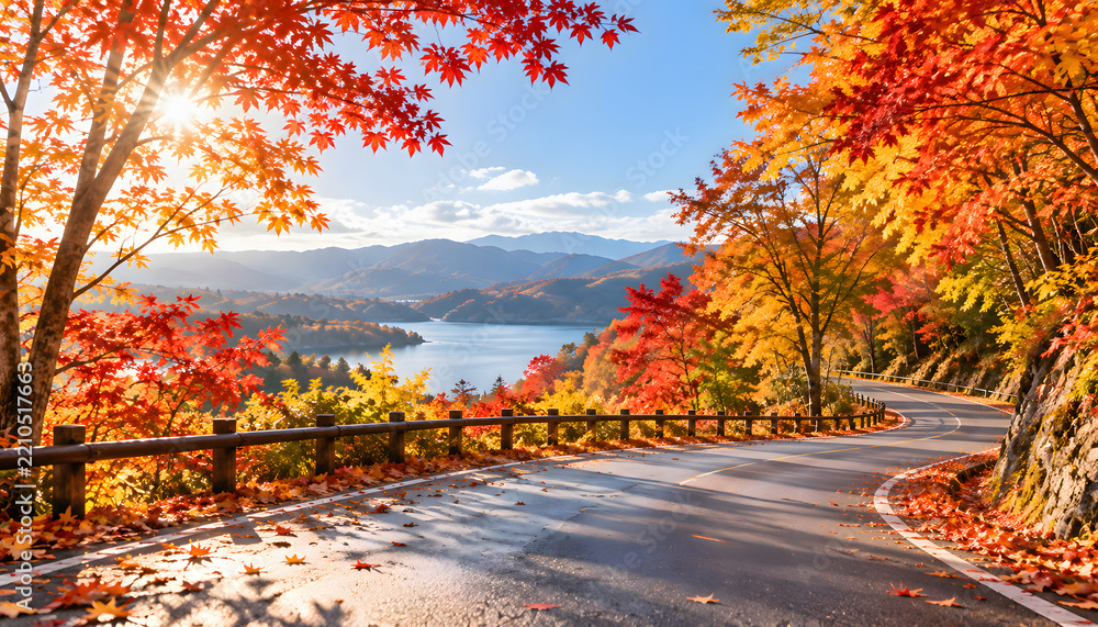 Fototapeta premium 鮮やかな紅葉と湖を望む秋の山間のドライブロード