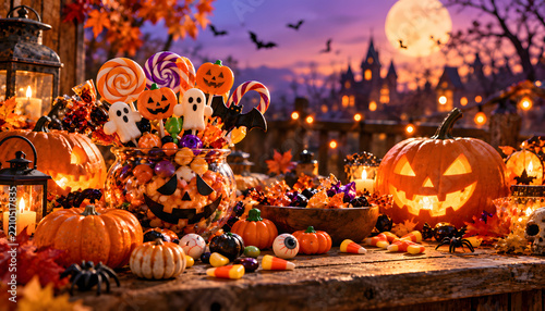 満月の夜を彩るハロウィンのかぼちゃとカラフルなお菓子