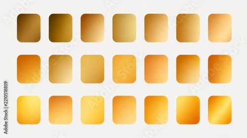 Collection of gold metallic gradients swatches for design projects. Set of various golden textures and color palettes on white background.