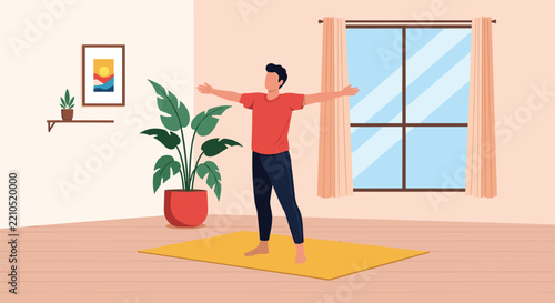 Young man standing on a yellow fitness mat and stretching his arms inside a cozy modern room, vector illustration.