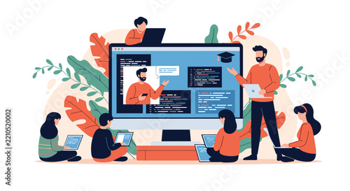 Group of diverse students studying web programming from an online instructor on a giant monitor, vector illustration.