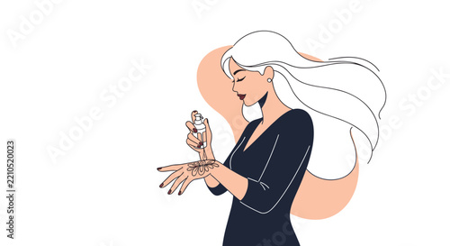Elegant woman with long flowing white hair applying a cosmetic lotion or serum from a spray bottle onto her hand.