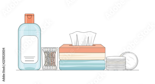 Essential skincare and hygiene products including cosmetic lotion, cotton swabs, tissues, and round cotton pads.