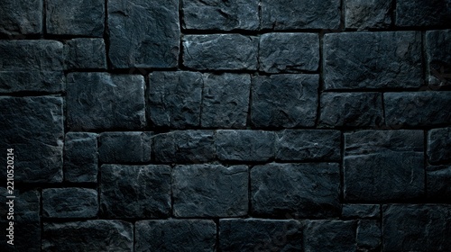 Dark Black Stone Wall Texture Background with Rectangular Masonry Blocks
