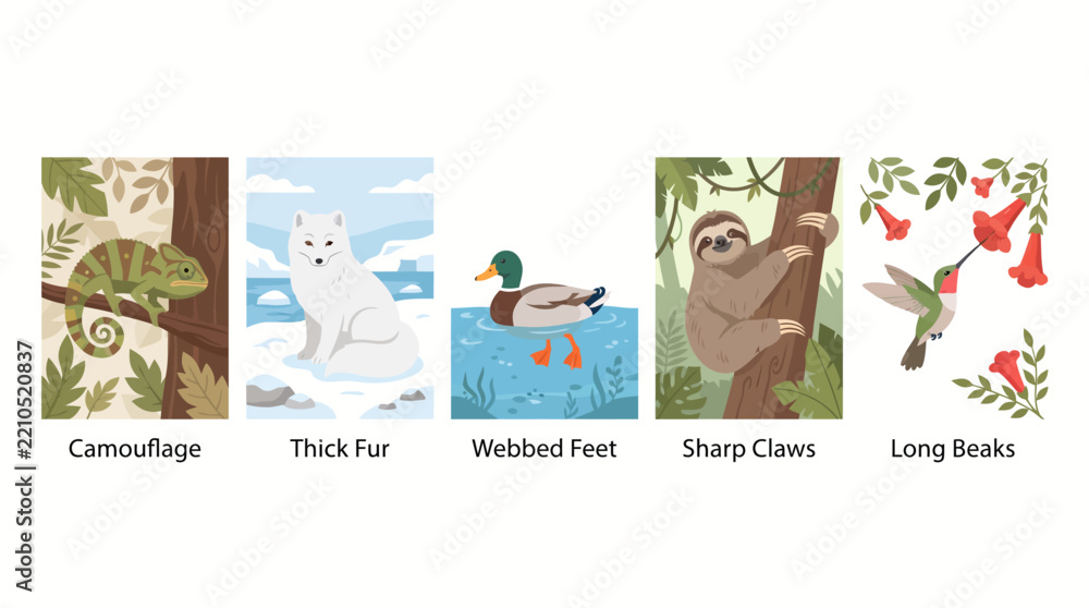 Obraz premium Animal body coverings and physical adaptations illustration set featuring wildlife survival traits in natural habitats