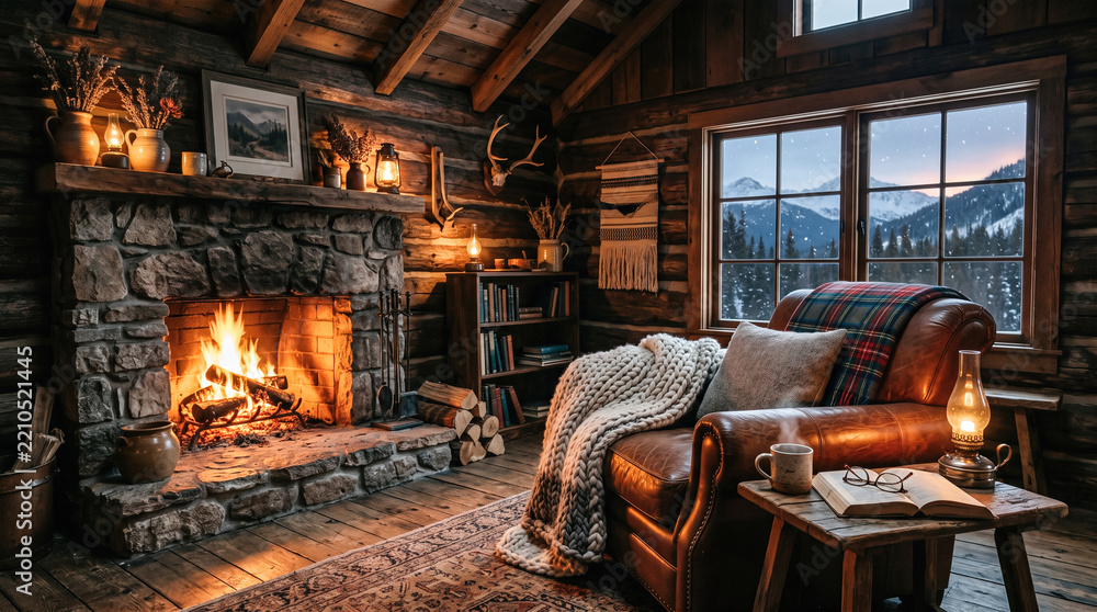 Obraz premium Cozy rustic log cabin interior with lit stone fireplace leather armchair warm wool blanket and window overlooking snowy mountain scenery outside