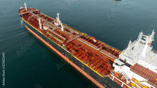 Aerial view of big oil, chemical tanker sails. Tanker ship logistic and transportation business oil and gas industry.
