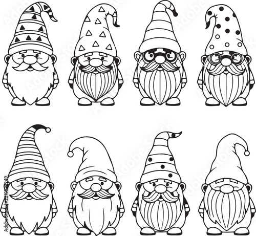 Set of cute hand drawn gnomes with different hats for coloring pages or craft projects