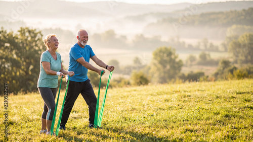 Fit senior couple exercising with resistance bands on park hill with blurred landscape background banner.