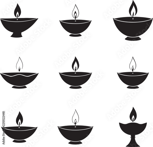 Set of nine black silhouette diya lamps for diwali festival celebration icon design