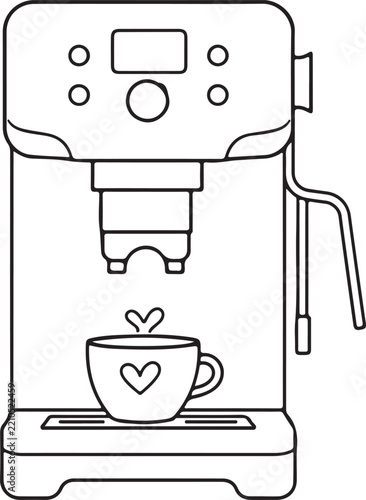 Simple line art illustration of an espresso coffee machine with a cup featuring a heart design