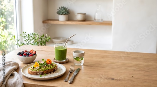 Healthy breakfast with avocado toast and green smoothie on rustic kitchen table