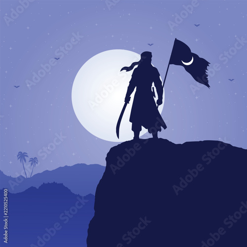 Muslim Warrior Silhouette Holding Flag on Mountain Under Full Moon