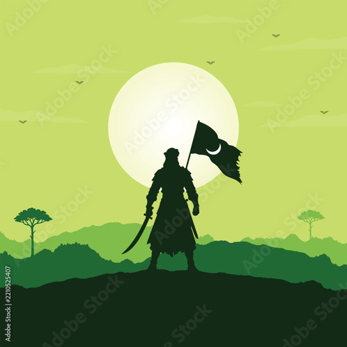 Muslim Warrior Silhouette Holding Flag Against Full Moon Landscape