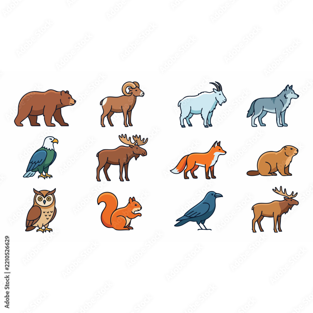 Fototapeta premium Illustrated Set of Twelve Forest Animals.