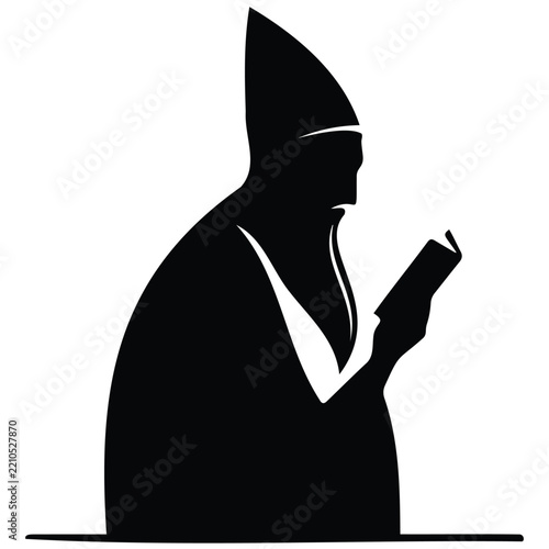 Elderly priest silhouette wearing religious miter hat reading holy bible vector design.