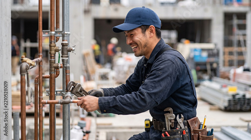 建設現場で笑顔を見せる20代の若手配管工のポートレート：設備工事と建設DX