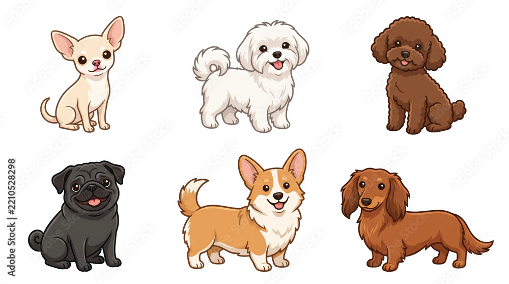 Fototapeta premium Collection of Six Adorable Cartoon Dog Breeds 1.