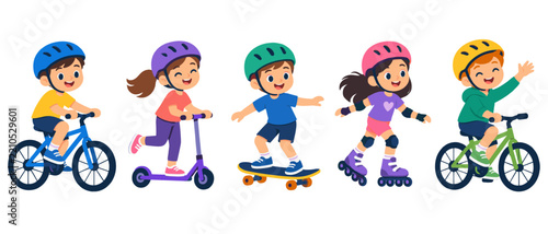 Children riding bicycles scooters skateboards and roller skates