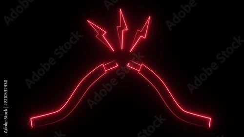 A red neon icon of a broken or severed electrical wire with lightning/sparks coming out of the gap.
