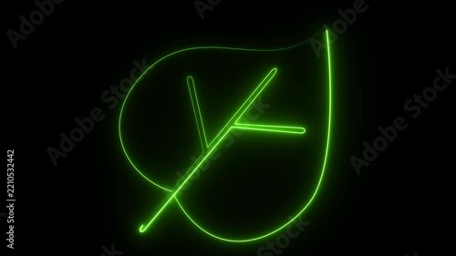 A green neon light shape of a leaf glowing against a dark background.