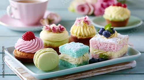 A pastel colored dessert tray with assorted cakes  cupcakes  and a aron  garnished with fresh berries and flowers
