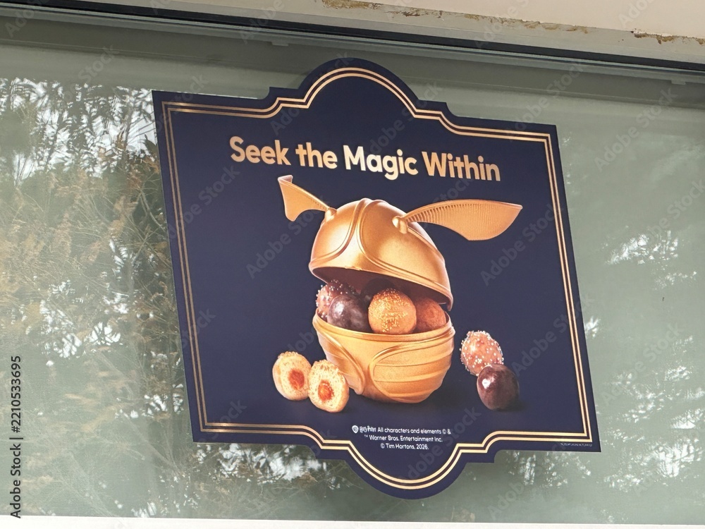 Obraz premium Tim Hortons Exterior Restaurant Featuring Harry Potter Promotional Signage. September 30 2026. Alberta Canada. For editorial use only.
