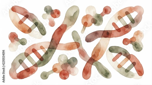 Abstract Watercolor Illustration of DNA Helix Structures with Colorful Cells