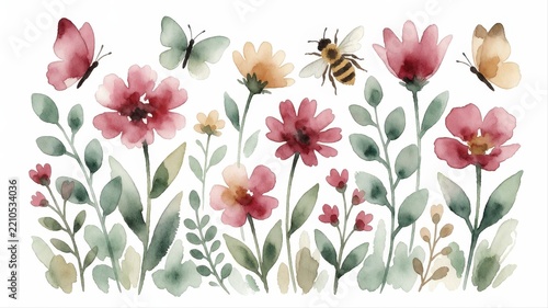 Watercolor Flowers and Butterflies Painting with Bright Pink and Soft Green Colors