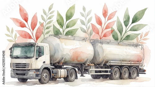 Water Tanker Truck with Large Cylindrical Container and Green Plant Illustration