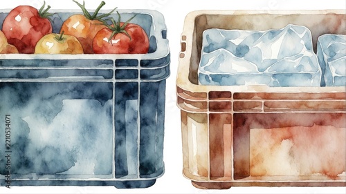 Watercolor Illustration of Fresh Tomatoes in Blue and Brown Plastic Baskets
