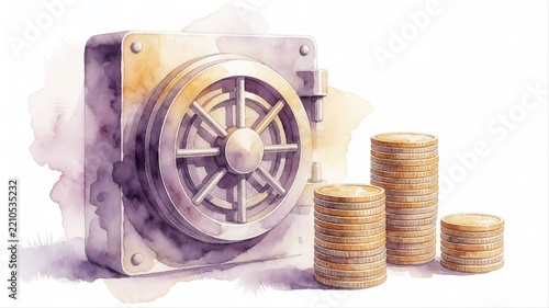 Safe Vault Lock with Stacks of Coins and Watercolor Art Style