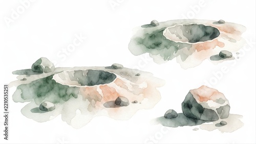 watercolor painting of two natural hot springs with rocks and mist in a tranquil landscape