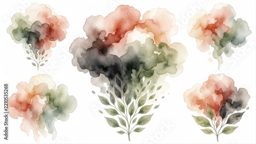 Watercolor Illustration of Colorful Smoke Clouds with Green Foliage Accents
