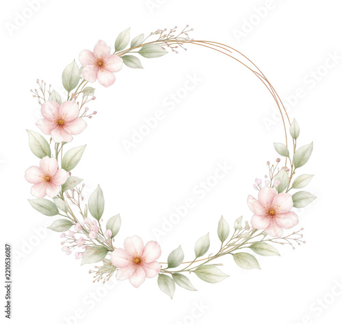 PNG Delicate watercolor floral wreath with pastel pink blossoms and leaves