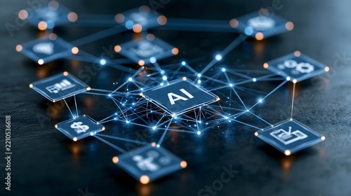 Agentic AI business system with multiple specialized AI agents collaborating across sales, finance, marketing and operations, interconnected glowing nodes, sophisticated enterprise technology concept