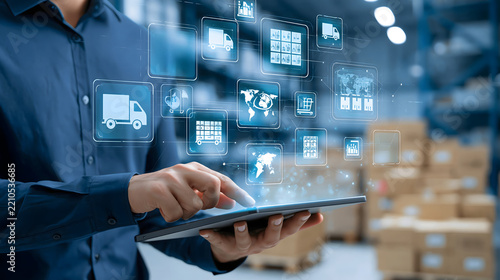 AI-powered supply chain management with intelligent agents monitoring inventory, logistics routes, warehouse operations and demand forecasting, connected digital network, modern business technology