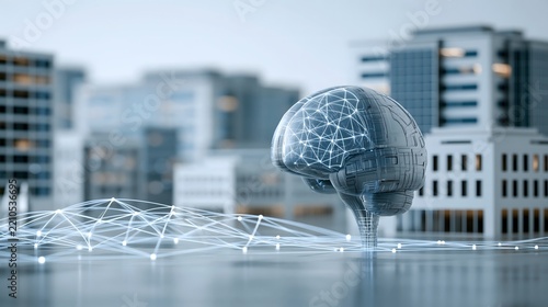 Premium 3D AI business concept featuring glowing neural network, metallic digital brain, corporate buildings and connected business data streams, sophisticated blue and silver aesthetic