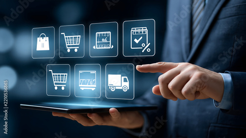 AI shopping agent checking product availability, inventory status, delivery options and estimated arrival time, futuristic ecommerce interface, efficient automated retail concept