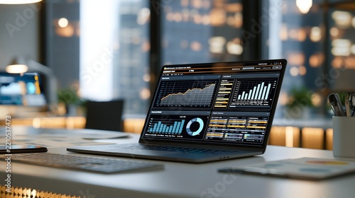 Digital finance dashboard displaying revenue, expenses, cash flow, investment performance and financial analytics, modern executive workspace, sophisticated corporate stock photography