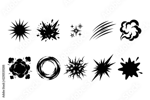 Action effect and comic book explosion silhouette icons with pop art explosion silhouette illustration isolated collection creative movement destruction abstract