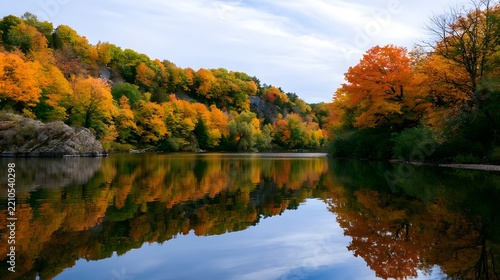 Autumn trees with vibrant orange and yellow leaves reflect beautifully in calm water under a partly cloudy sky