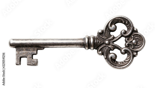 Ornate antique silver skeleton key with intricate scrollwork, isolated on transparent background