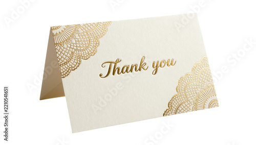 Obraz na plátně Cream textured folded thank you card with gold foil lace corner details, isolate