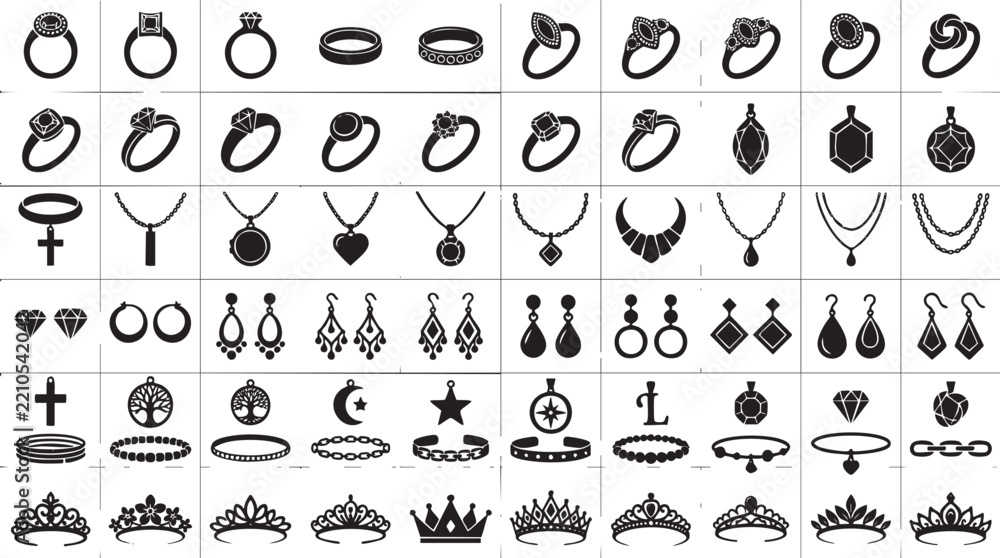 Fototapeta premium Set of Various Jewelry Icons Including Rings Necklaces Earrings and Tiaras in Flat Vector Style