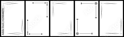 Black decorative page borders, corners and text separators set. Minimalist graphic elements for book design and restaurant menu. Isolated vector illustration.