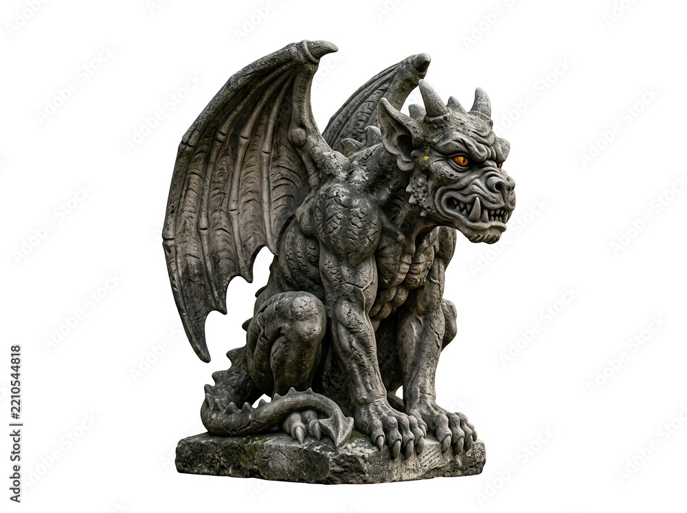 Fototapeta premium Gothic Stone Gargoyle Statue with Bat Wings and Glowing Orange Eyes Isolated on White Background for Commercial Use