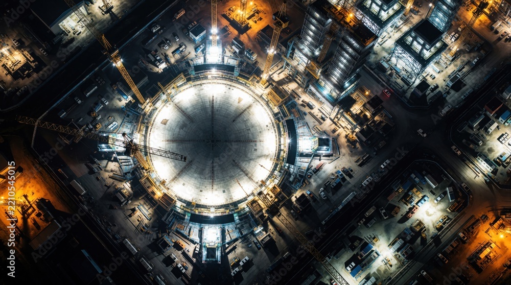 Fototapeta premium Aerial view of massive industrial construction site at night. Large circular concrete structure glows under bright lights. Heavy machinery, cranes, equipment surround building foundation. Complex