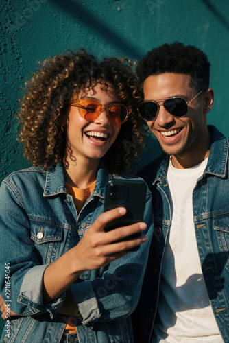 Happy young couple looks at smartphone screen together outdoors. Stylish man, woman with curly hair laugh using mobile phone against teal wall. Diverse friends enjoy social media connection, fun